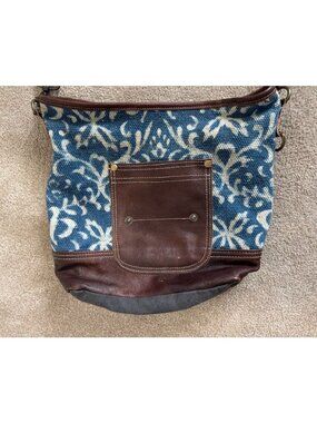 Myra Bag Blue Bliss Shoulder Bag Leather Canvas Purse Upcycled Brown/Blue